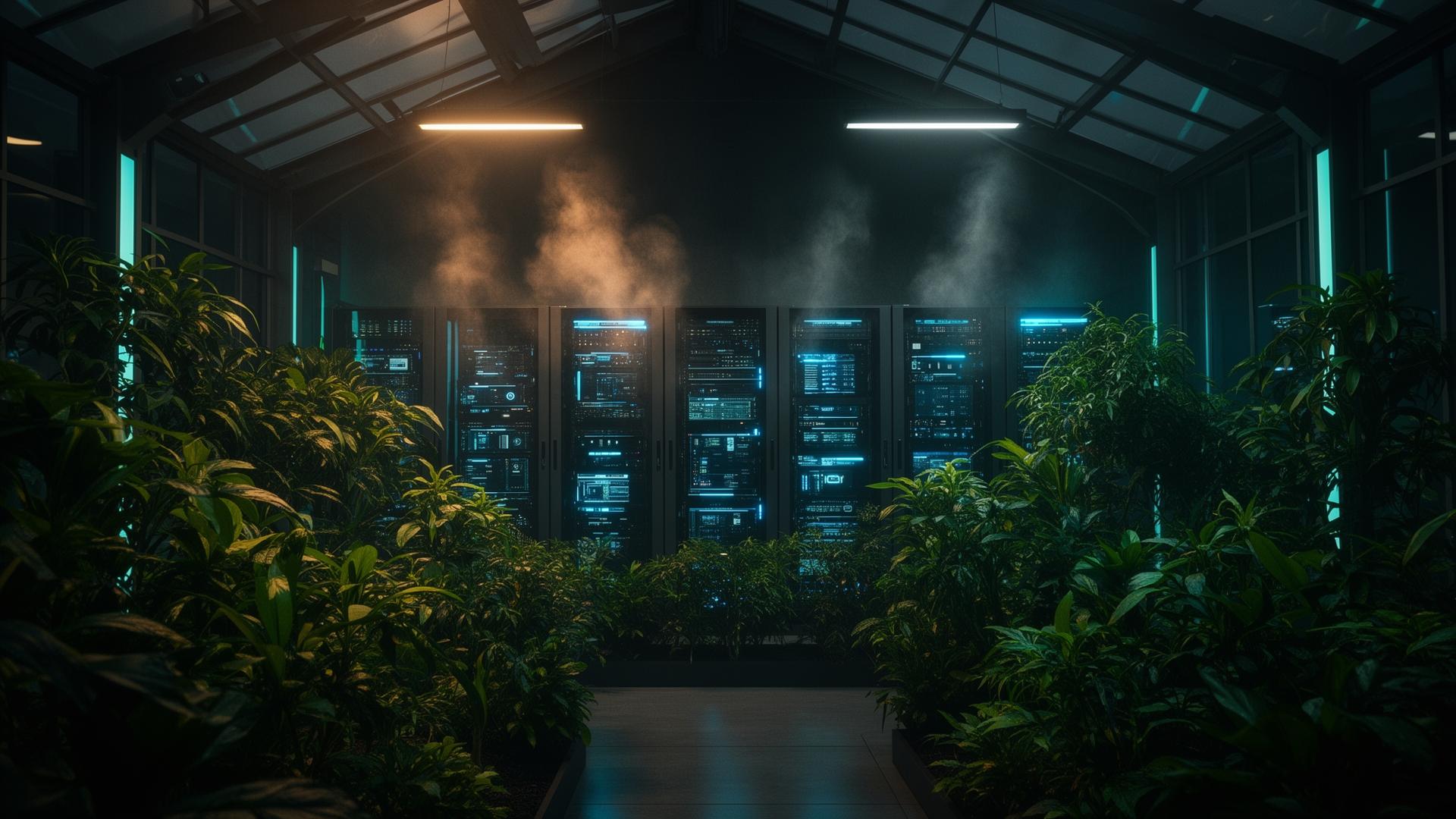 Futuristic greenhouse heated by mining server exhaust