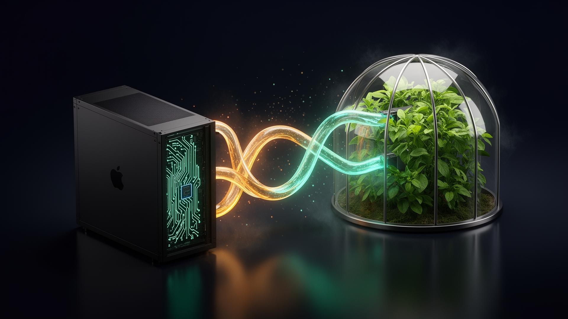 Heat exchange visualization: mining server transfers exhaust heat into a glass greenhouse pod